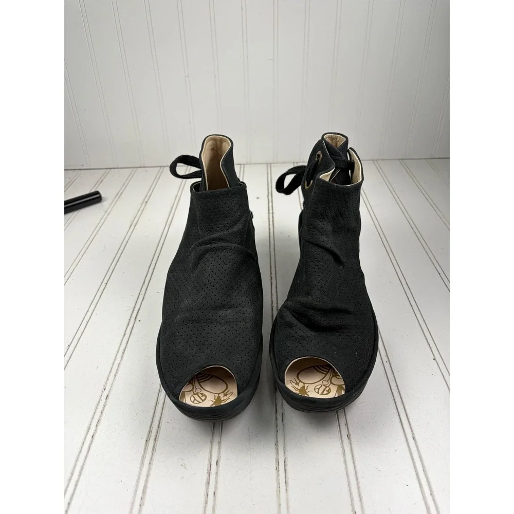 Fly London Yema Black Perforated Lace Up Wedge Sandals Women's Size 40 US 9-9.5